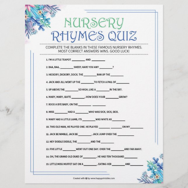 En-tête De Lettre Quiz de Nursery Rhymes [Floral bleu] (Devant)
