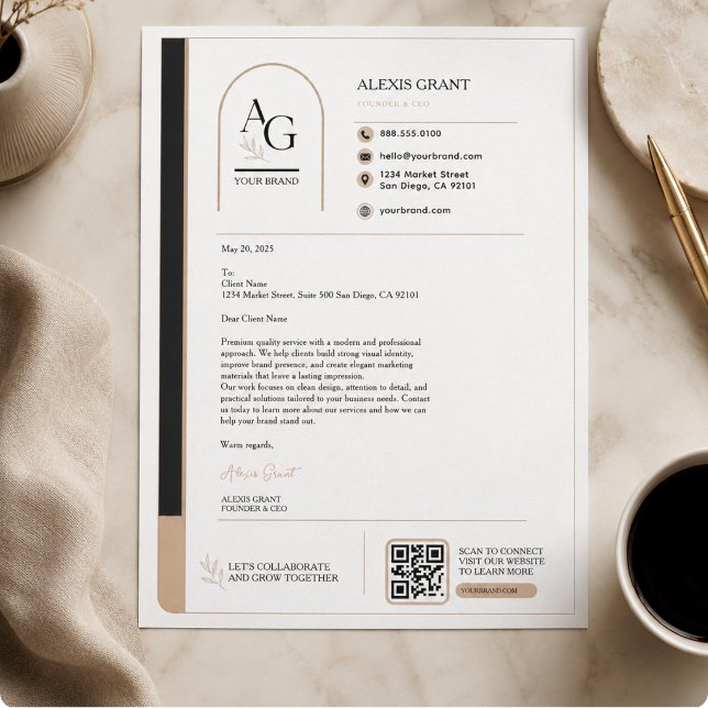 En-tête De Lettre Rappel de rendez-vous avec code QR luxe beige noir (Black Beige Luxury QR Code Appointment Reminder Letterhead)