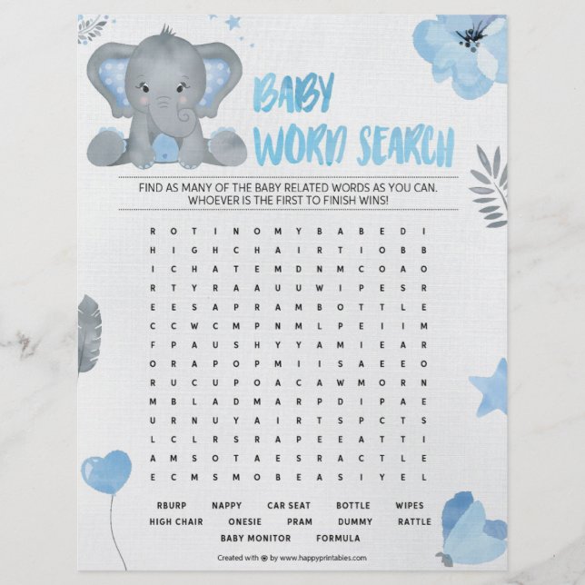 En-tête De Lettre Recherche de mots bébé [Eléphant bébé [bleu] (Devant)