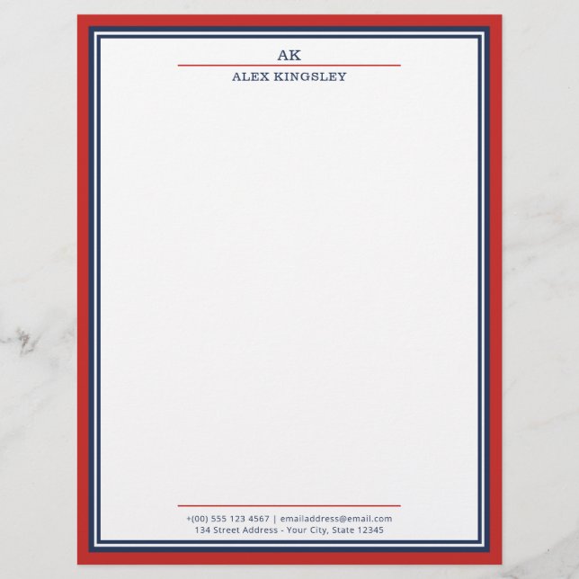 En-tête De Lettre Rouge Navy Blue Bordure Monogramme Nom Adresse (Devant)