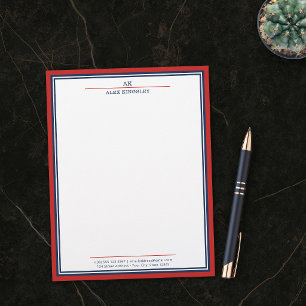 En-tête De Lettre Rouge Navy Blue Bordure Monogramme Nom Adresse