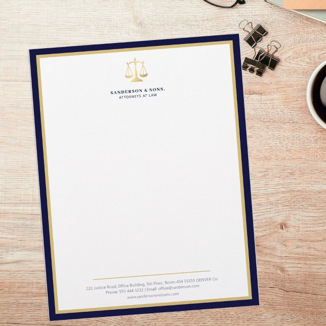 En-tête De Lettre Scales of justice elegant attorney gold logo navy (Créateur téléchargé)