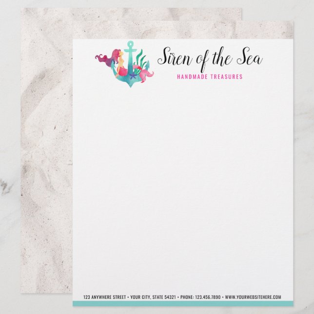 En-tête De Lettre Sirène sur Ancre Nautique Aquarelle Sable de plage (Devant / Derrière)