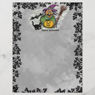 En-tête De Lettre Sorcière, Chat, Chauve-souris et Citrouille, Bonne