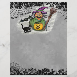 En-tête De Lettre Sorcière, Chat, Chauve-souris et Citrouille, Bonne