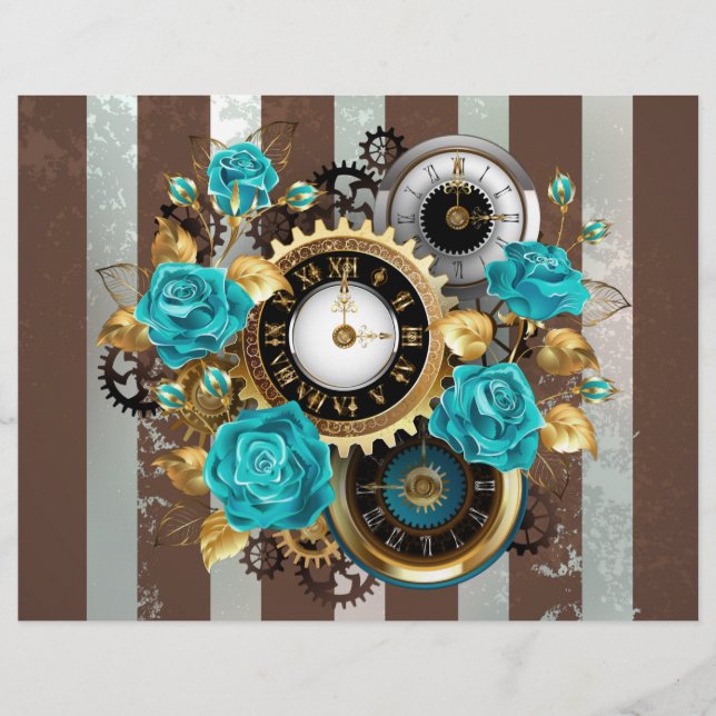 En-tête De Lettre Steampunk Clock and Turquoise Roses on Striped (Devant)