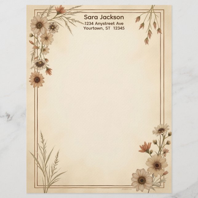 En-tête De Lettre Tan and Brown Flowers and Grass Stationery Paper (Devant)