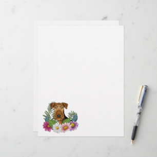 En-tête De Lettre Tête de chien Airedale Terrier avec des fleurs col