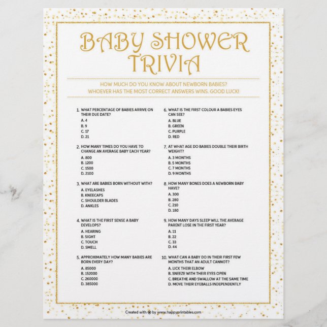 En-tête De Lettre Trivia baby shower [Golden Sparkles] (Devant)