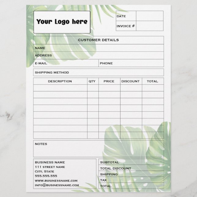 En-tête De Lettre Tropical Leaf Invoice Business Sales Form Receipt (Devant)