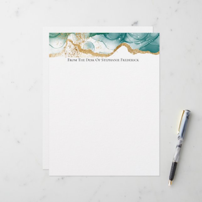 En-tête De Lettre Vert Emerald Gold Bordure Aquarelle moderne tendan (Devant/Arrière en situation)