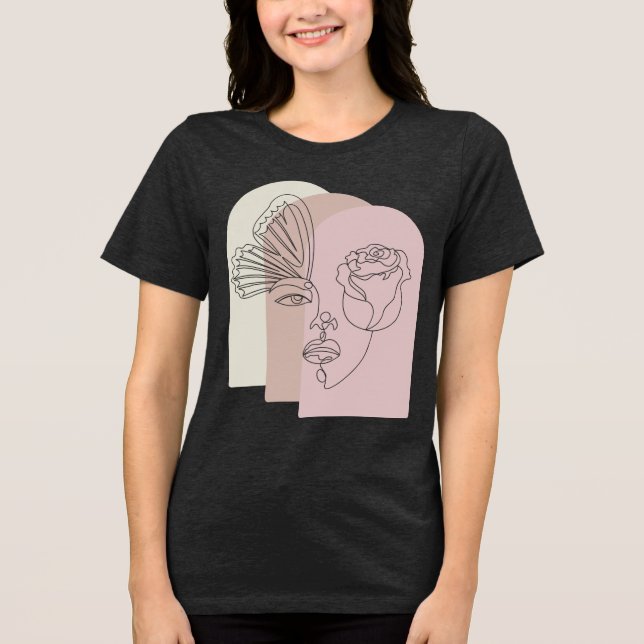 En Tri-matière Abstract Face Art T-Shirt with Rose & Butterfly –  (Recto)