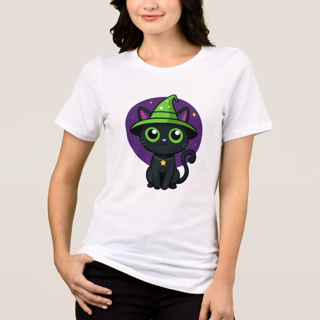 En Tri-matière Chat à sorcière mignonne Halloween T-shirt - Noir  (Recto)