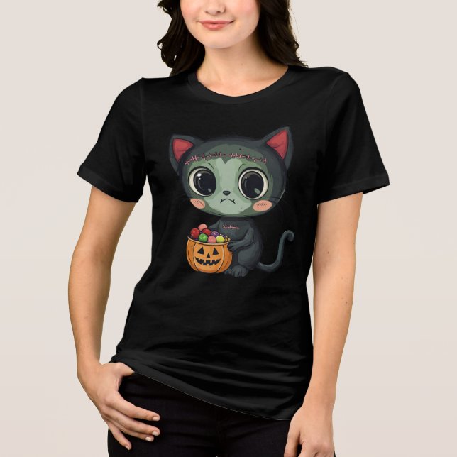 En Tri-matière Chat T-Shirt de Halloween Frankenstein (Recto)