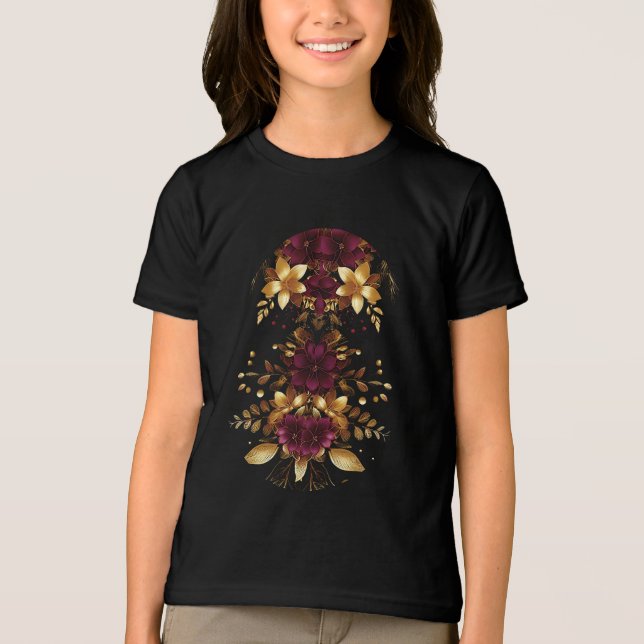 En Tri-matière Fleurs d'or rouge Bourgogne T-shirt de vacances (Recto)
