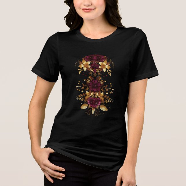 En Tri-matière Fleurs d'or rouge Bourgogne T-shirt femme de vacan (Recto)