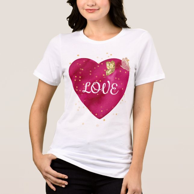 En Tri-matière Golden Butterfly Pink Heart Valentine T-Shirt (Recto)