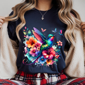 En Tri-matière Hummingbirds With Colorful Floral Bouquet T-Shirt
