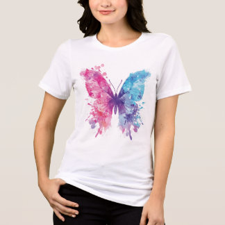 En Tri-matière Pink & Blue Watercolor Butterfly T-Shirt – Soft Pa