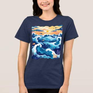 En Tri-matière Sunset Ocean Waves T-Shirt – Artistic Sea and Sky 
