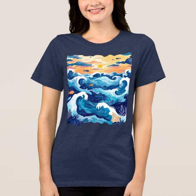 En Tri-matière Sunset Ocean Waves T-Shirt – Artistic Sea and Sky  (Recto)