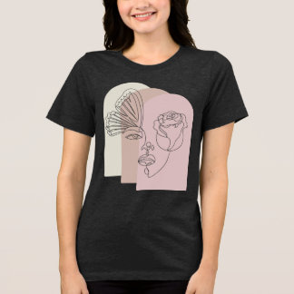 En Tri-matière T-Shirt Art Abstrait de Visage avec Rose & Papillo