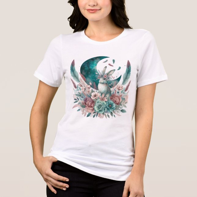 En Tri-matière T-shirt Boho Bunny avec lune et fleurs (Recto)
