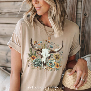 En Tri-matière T-Shirt Boho Crâne de Vache Vibe Désert de l'Ouest