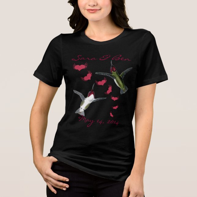En Tri-matière T-shirt de mariée Humming Birds & Grunge Hearts (Recto)