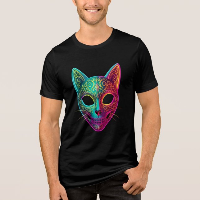 En Tri-matière T-Shirt Masque de Chat Géométrique Néon (Recto)