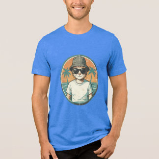 En Tri-matière T-Shirt Rétro Plage Chat Coucher de Soleil Vintage