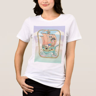 En Tri-matière T-shirt Whimsical Pirate Ship & Parrot Design - Ad