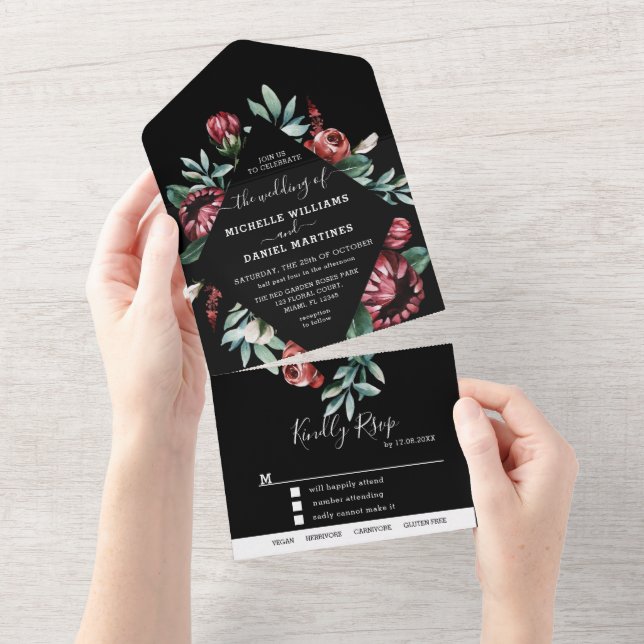 En Un Invitation Tout Compris Mariage Fleurs Noir et Rou (Déchirure)