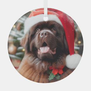 En Verre Brown Terre-Neuve Chien Santa Hat Ornement