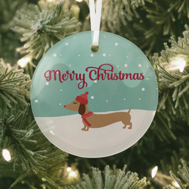 En Verre Dachshund Joyeux Arbre de Noël Ornement Neige (Insitu)