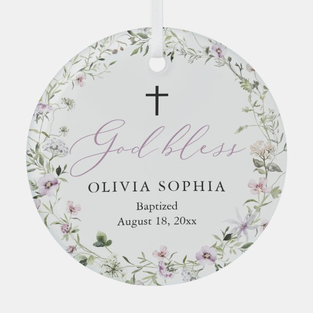 En Verre Fleur sauvage Purple Girl Cross Baptême Ornement (Recto)