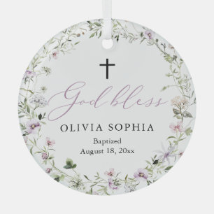 En Verre Ornement de baptême de fille violet Wildflower Cro