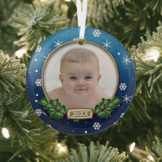 En Verre Ornement photo | 1er Noël du bébé (bleu)