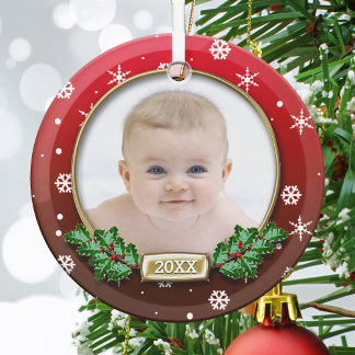 En Verre Ornement photo | 1er Noël du bébé (rouge)