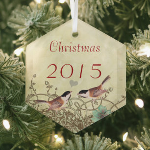 En Verre Ornement photo de couples de Noël d'oiseaux vintag