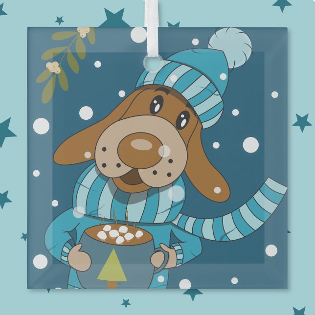 En Verre Petit de Noël avec ornement de cacao chaud (Cartoon dog Christmas blue glass ornament .)