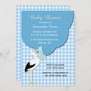 En vichy bleu avec Invitation au Baby shower cigog
