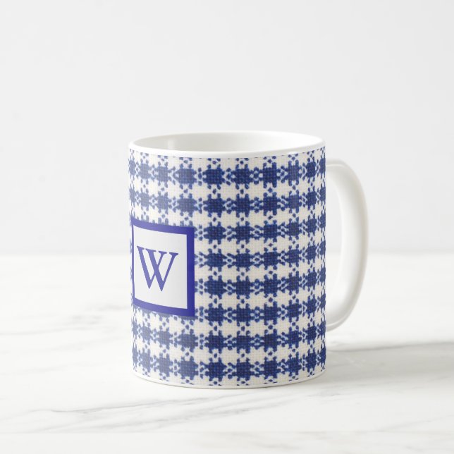 en vichy bleu & blanc, monogramme, tasse de ferme (Devant droit)