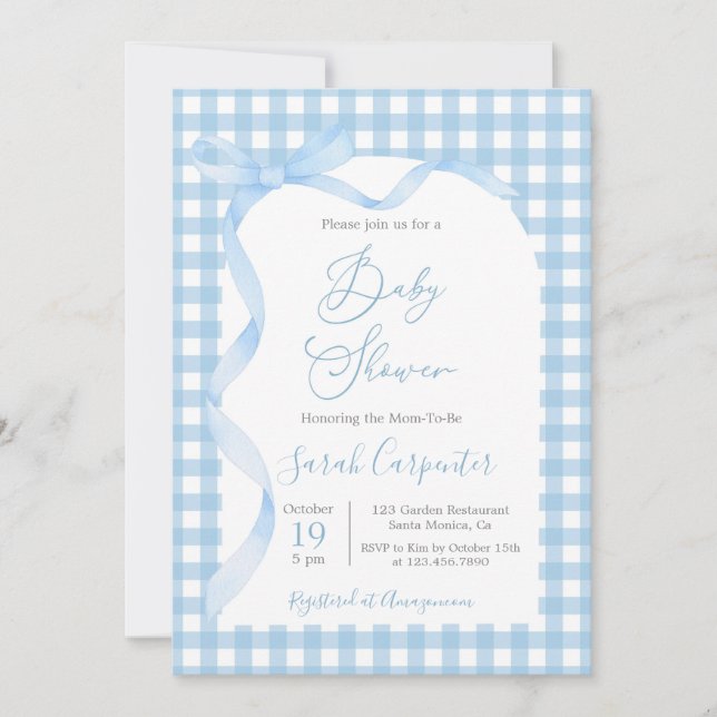 En vichy bleu et Baby shower Bow Invitation de gar (Devant)