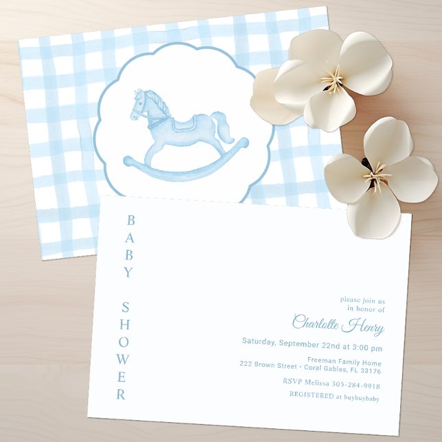 En vichy Bleu Rocse Baby shower Invitation (Blue Rocking Horse Gingham Baby Shower Invitation)