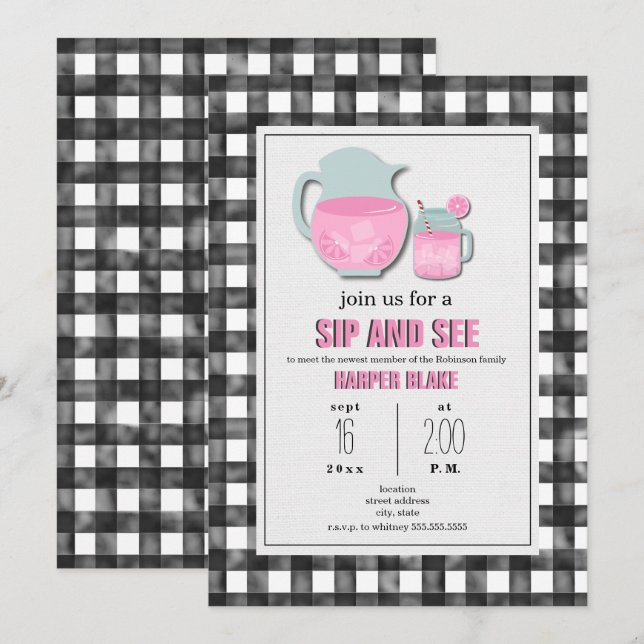 en vichy citronnade rose Sip & Voir Invitation béb (Devant / Derrière)