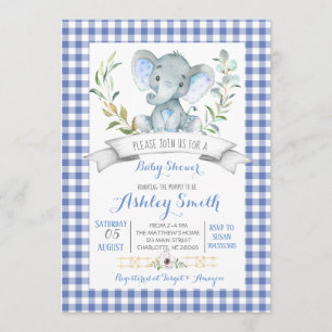 En vichy invitation au baby shower des éléphants