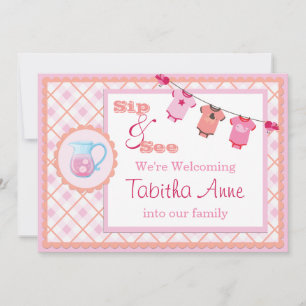 En vichy rose Sip et voir Bunting Baby Invitation
