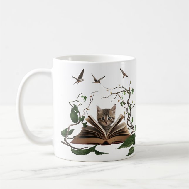 Enchanted Bookworm Kitten Coffee Mug  (Gauche)