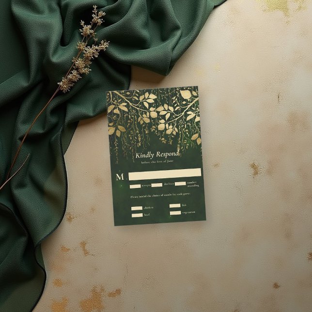 Enchanted Forest Gold Foliage Vert RSVP de mariage (enchanted forest wedding theme rsvp reply card gold foliage hunter green gold elegant)